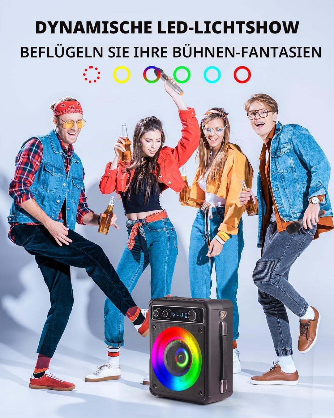 BONAOK Tragbare Karaoke-Maschine, Bluetooth-Karaoke-System mit 2 Mikrofonen, wiederaufladbare Party-
