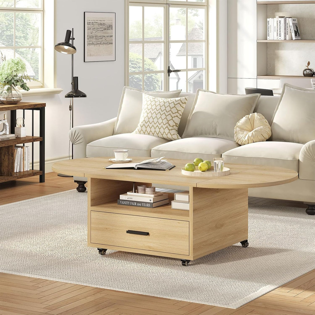 IBF Couchtisch Holz mit Stauraum Oval Klappbarer Couchtisch Wohnzimmer Tisch mit Schublade Mitteltis