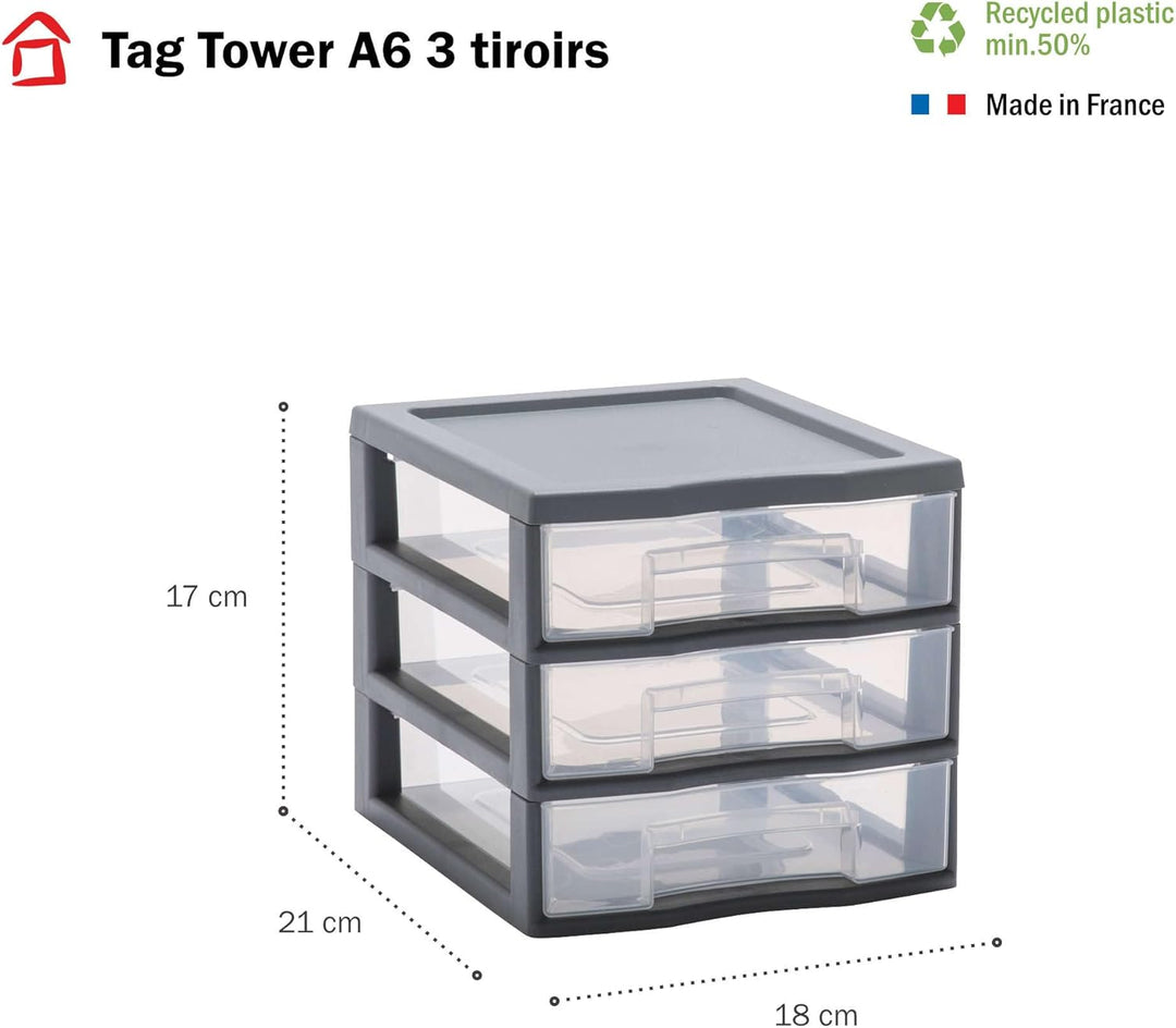 SUNDIS Tag Tower, schubladenbox aus Kunststoff, grau, 3 transparente Schubladen im Format A6, Höhe 1