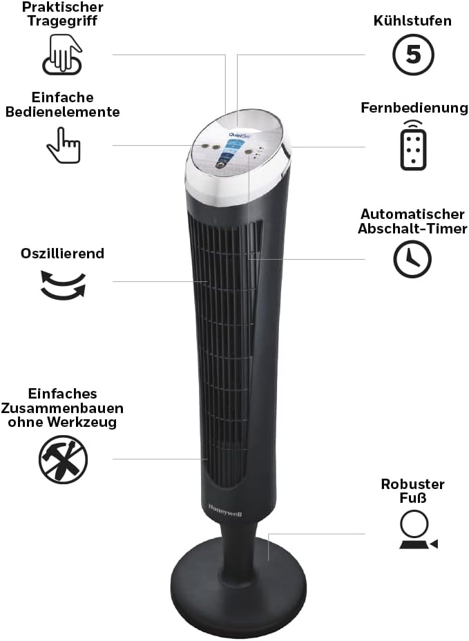 Honeywell QuietSet Turmventilator (5 Geschwindigkeitseinstellungen, Oszillation 75°, Timer-Funktion,