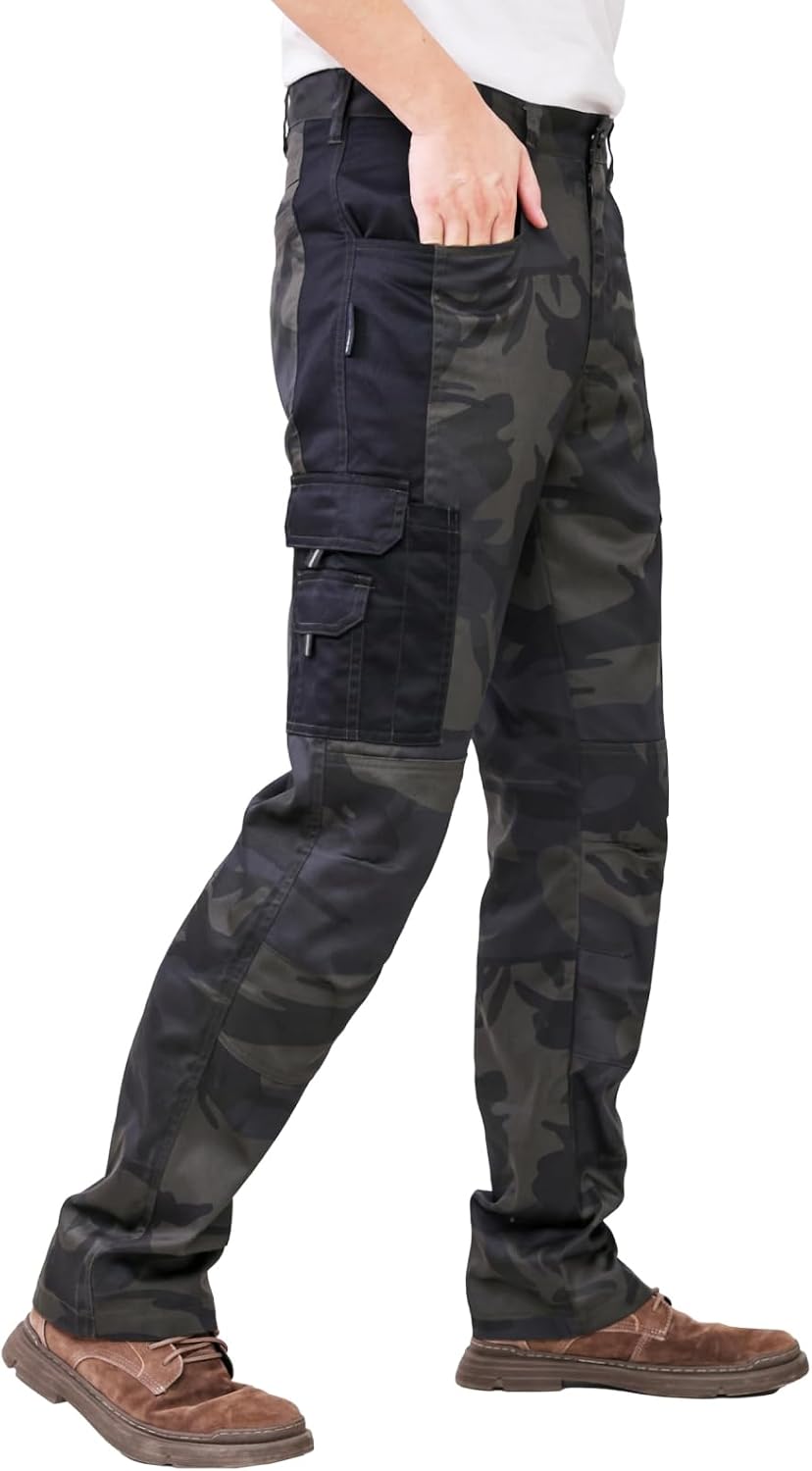 WORK IDEA Herren-Arbeitshose - Schwarz-Hose Herren-Cargohose mit innenliegenden Knietaschen Tarnung