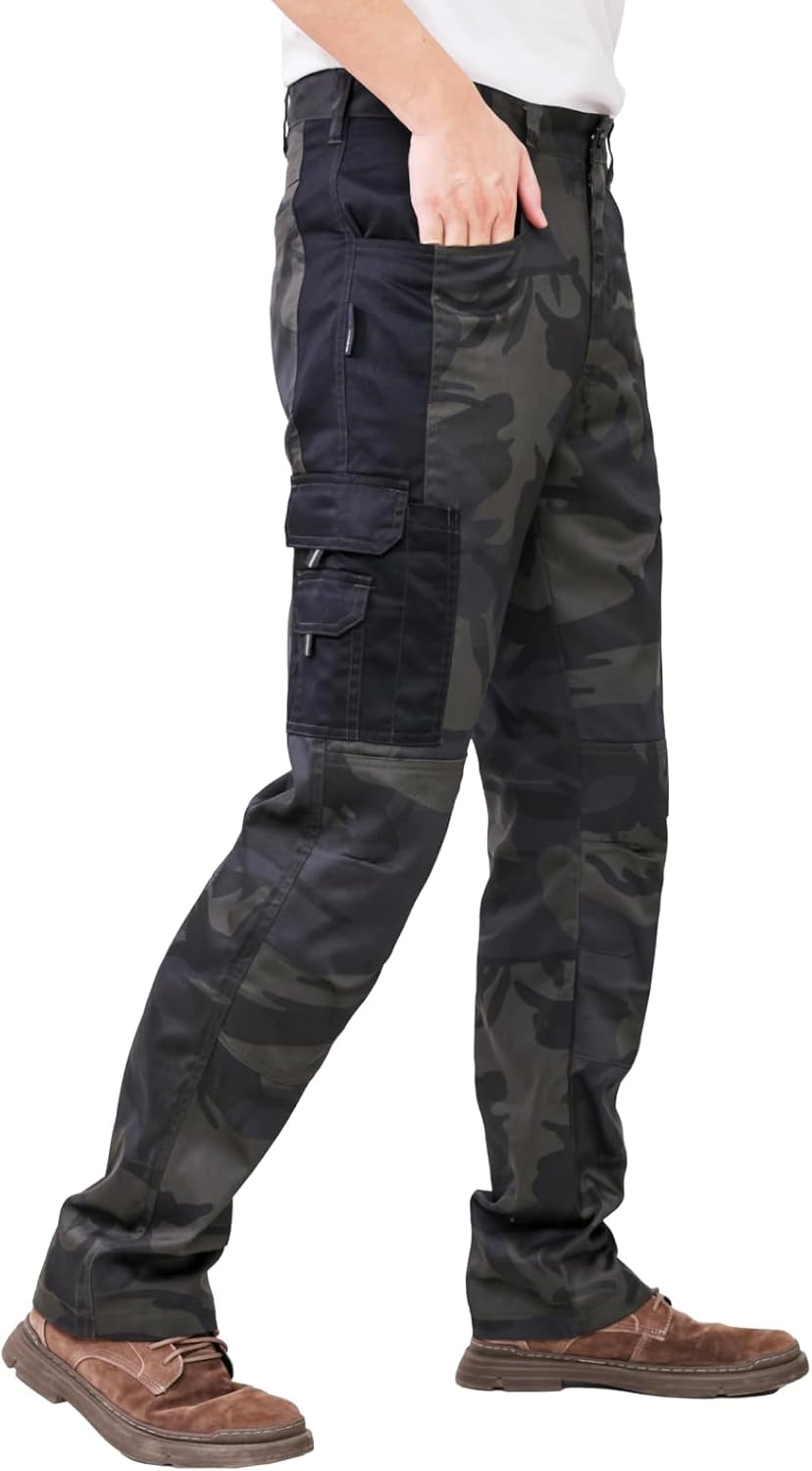 WORK IDEA Herren-Arbeitshose - Schwarz-Hose Herren-Cargohose mit innenliegenden Knietaschen Tarnung
