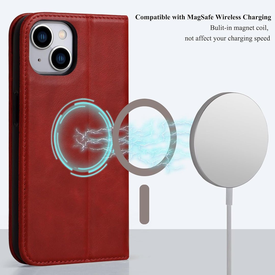 VISOUL Hülle für iPhone 15, Schutzhülle [Echt Leder] [Schützt vor Stoss] [Kartenfach] [Magnetverschl