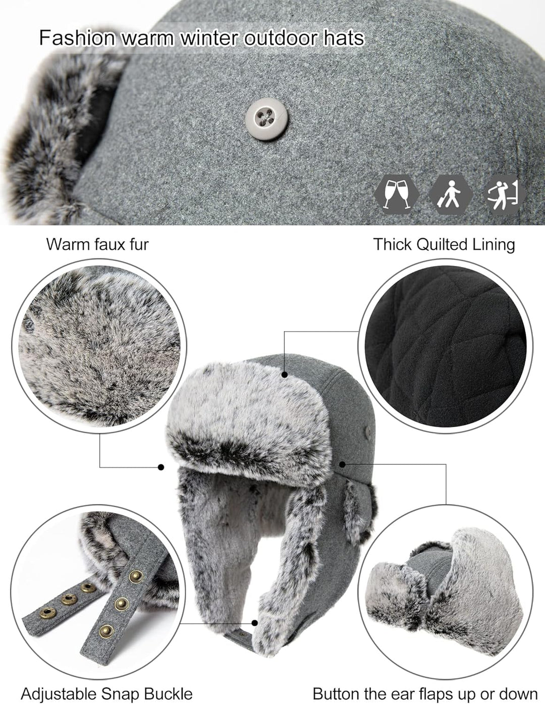 Comhats Winter Trapper-Hut Kunstleder Aviator Pilotenmütze Herren Damen Warm Gefütterte Kunstpelz-Hu