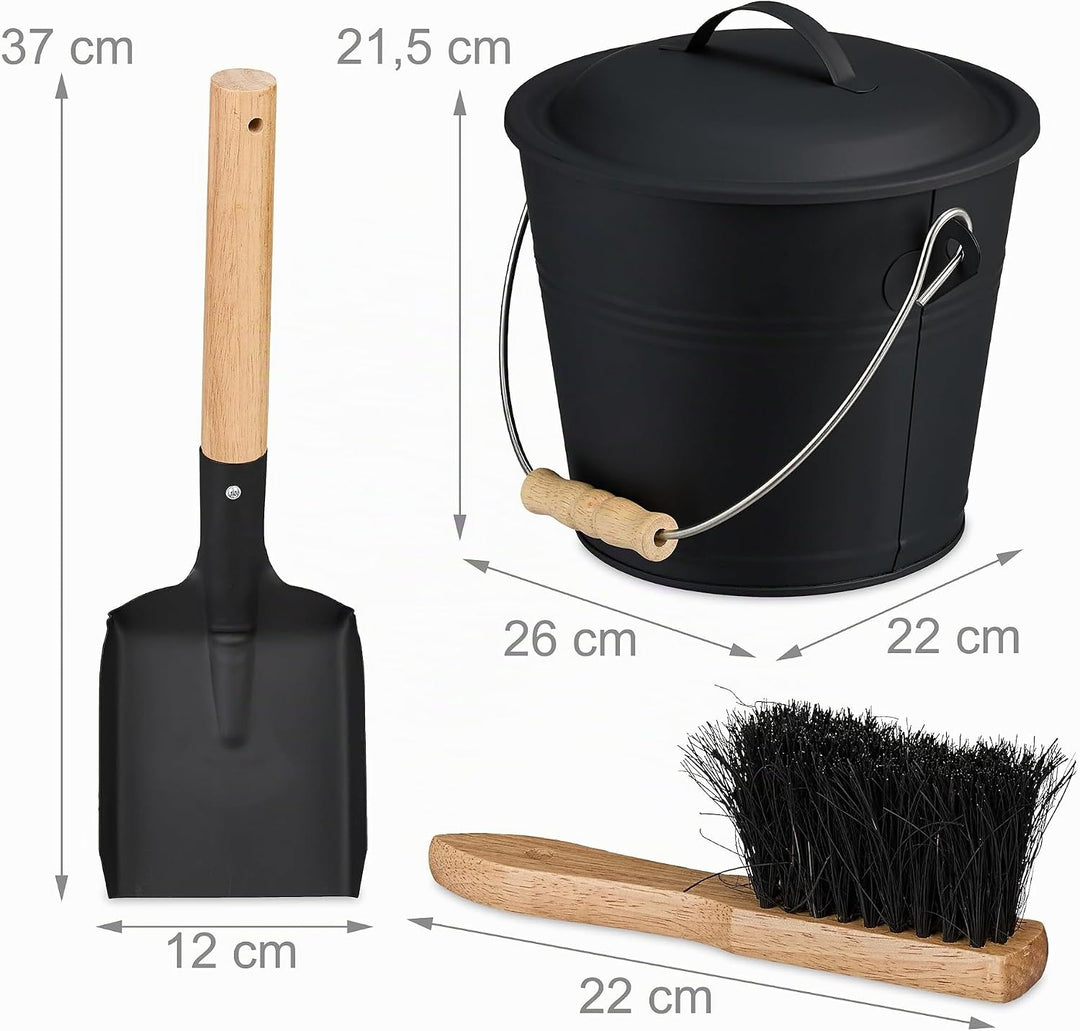 Relaxdays Ascheeimer mit Deckel und Kehrset, 4,5 L, inkl. Aschebesen &amp; Kaminschaufel, Aschebehälter