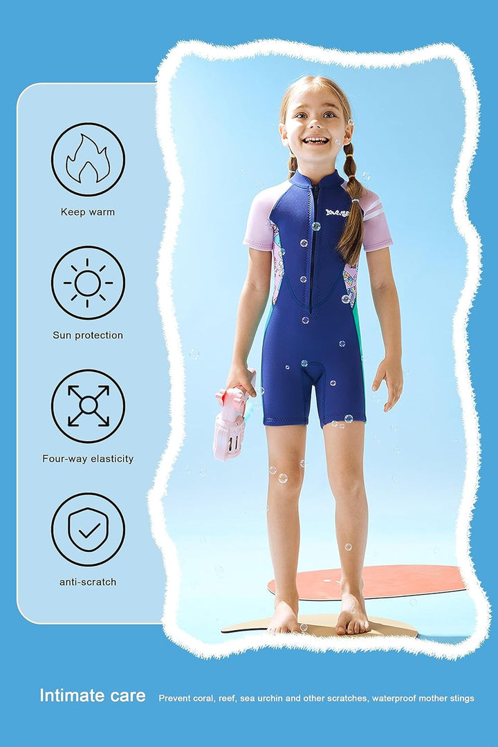Mädchen 2.5mm Neoprenanzug Kinder Einteiler Tauchanzug Tropisch Violet Kurzarm Shorty Badeanzug Schn