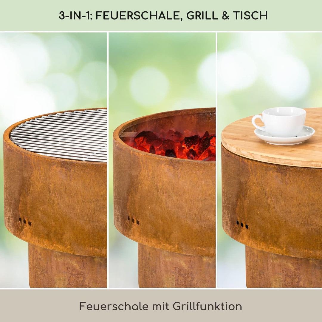 Blumfeldt Feuerschale für den Garten, Feuerschale mit Grillrost & Bambusplatte für Feuerschale, Stah