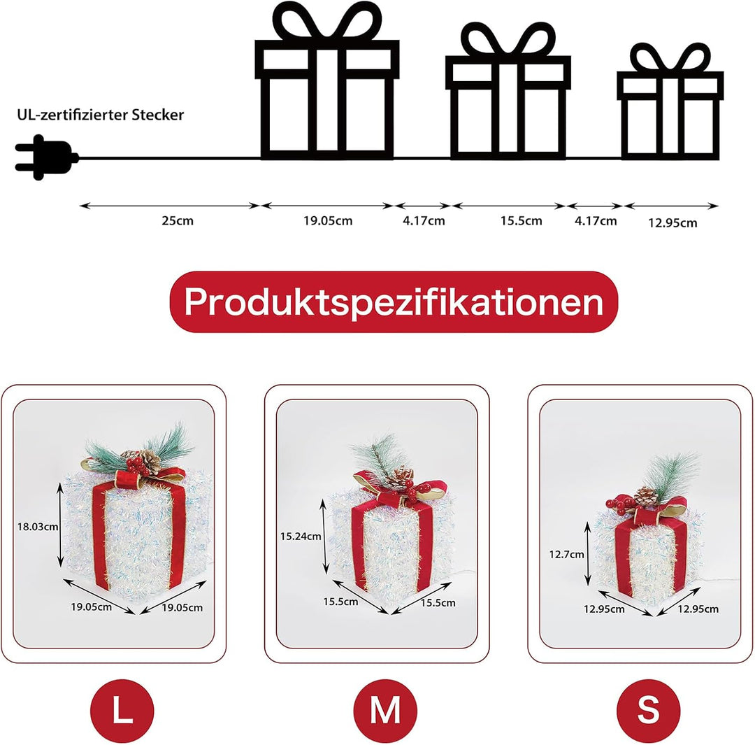 3er Set LED Geschenkbox Weihnachten, Beleuchtete Deko Geschenke mit 60 LEDs, 8 Lichtmodi & Timer, We