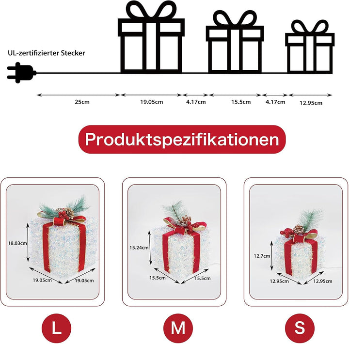 3er Set LED Geschenkbox Weihnachten, Beleuchtete Deko Geschenke mit 60 LEDs, 8 Lichtmodi & Timer, We
