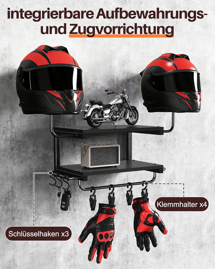 Motorradhelm Halterung Wand für 2 Helme, Motorrad Garderobe Wand mit Kleiderbügel und Haken, 30 kg T