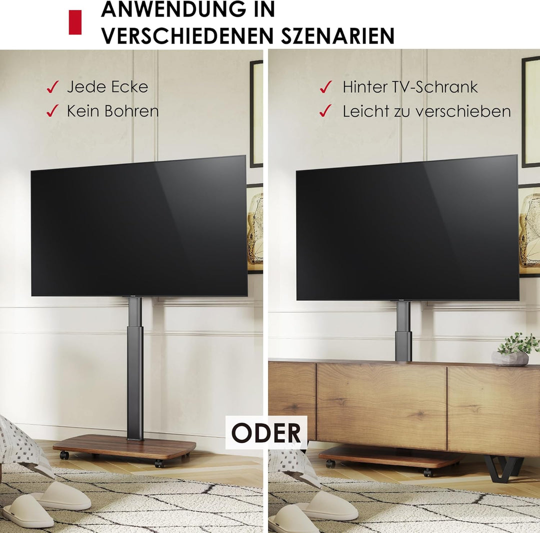 AOKCOS TV Ständer Rollbar mit Holzablage, Fernsehständer auf Rollen für 32-65 Zoll Fernseher, TV Bod