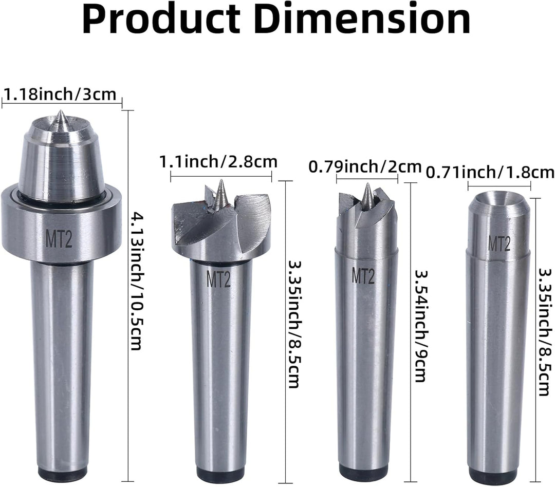 8MILELAKE MT2 Wood Lathe Center Set 4pcs Live Center Drive Spur Cup MT2 Arbor