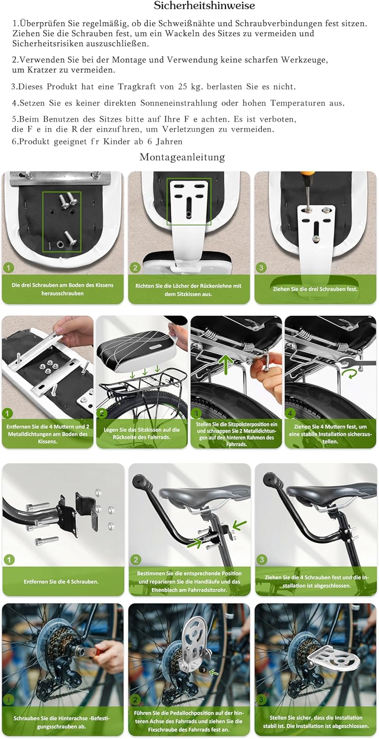 auvstar Kinder Sicherheits Fahrrad Rücksitz Zubehörsatz, Hinteres Sitzkissen Armlehne Fussstütze Set