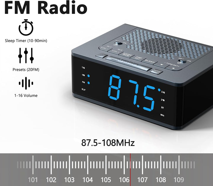 iTOMA Wecker für Schlafzimmer mit FM Radio, Bluetooth, Dimmbare LED Anzeige, Schlaf Timer, Einstellb