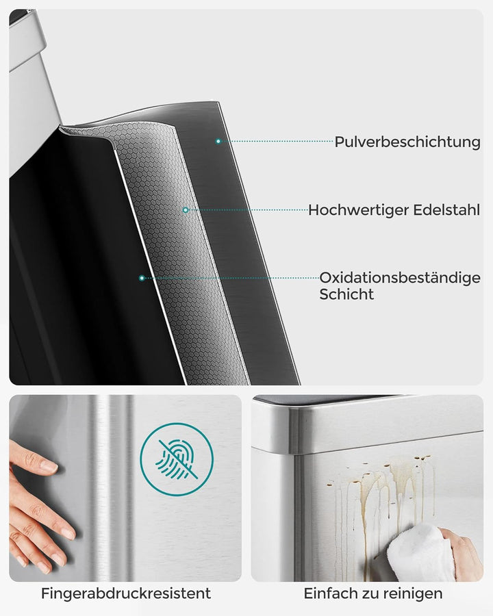 SONGMICS Mülleimer Küche, 2 x 30L, Mülltrennsystem, 2 Fächer, 15 Müllsäcke, Abfalleimer aus Edelstah