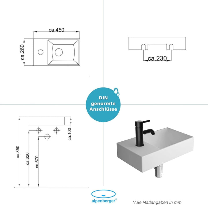 Alpenberger Kleines Waschbecken Eckig | Hängewaschbecken WC | Waschplatz Lösung Klein I Keramik Hand