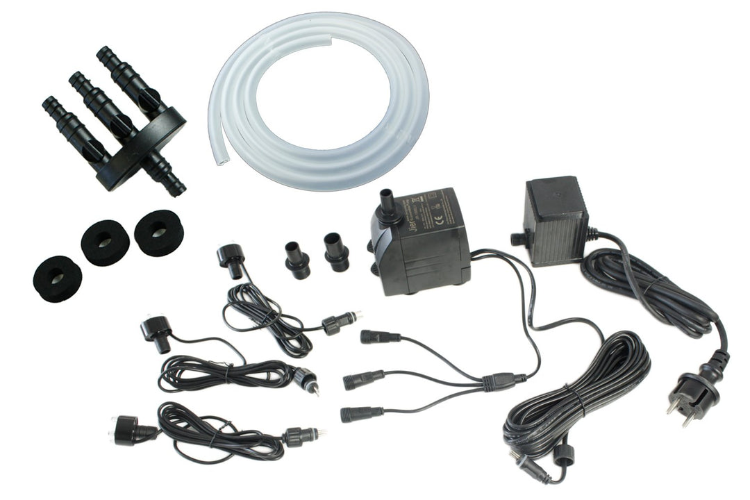Arnusa Springbrunnen Pumpe Komplett Set mit 3er LED-Beleuchtung inkl.3 Wege Schlauchadapter, Schlauc