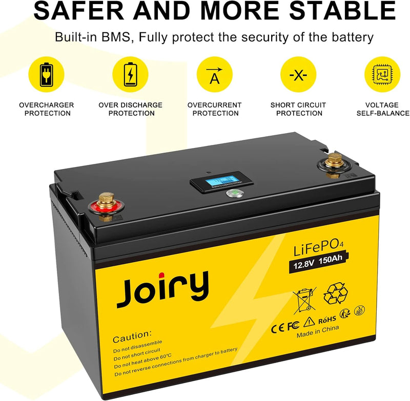 Joiry 12V 150Ah 1920Wh LiFePO4 Akku LED Display Lithium Batterie mit über 8000 Mal Tiefzyklen und BM