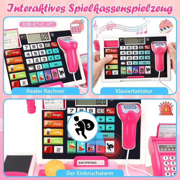 Herenear Kaufladenkasse für Kinder, Spielzeug Kasse mit Scanner und Sound - inkl. 52 Zubehör(Scanner