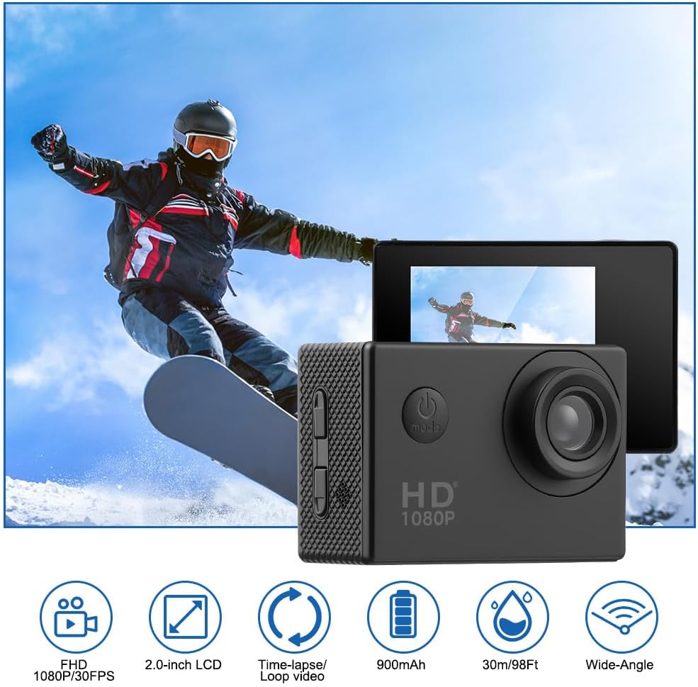 Action cam mit 32G Karte, HD 1080P30FPS Unterwasserkamera 30m Wasserdicht mit 900mAh Akkus, 140° Ult