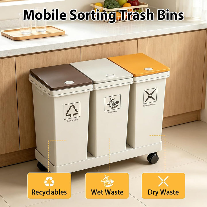 3-er Mülleimer-Set, 3 X 12L Küche Mülltrennsystem mit Standfuss | Abnehmbarer Differenzierter Abfall