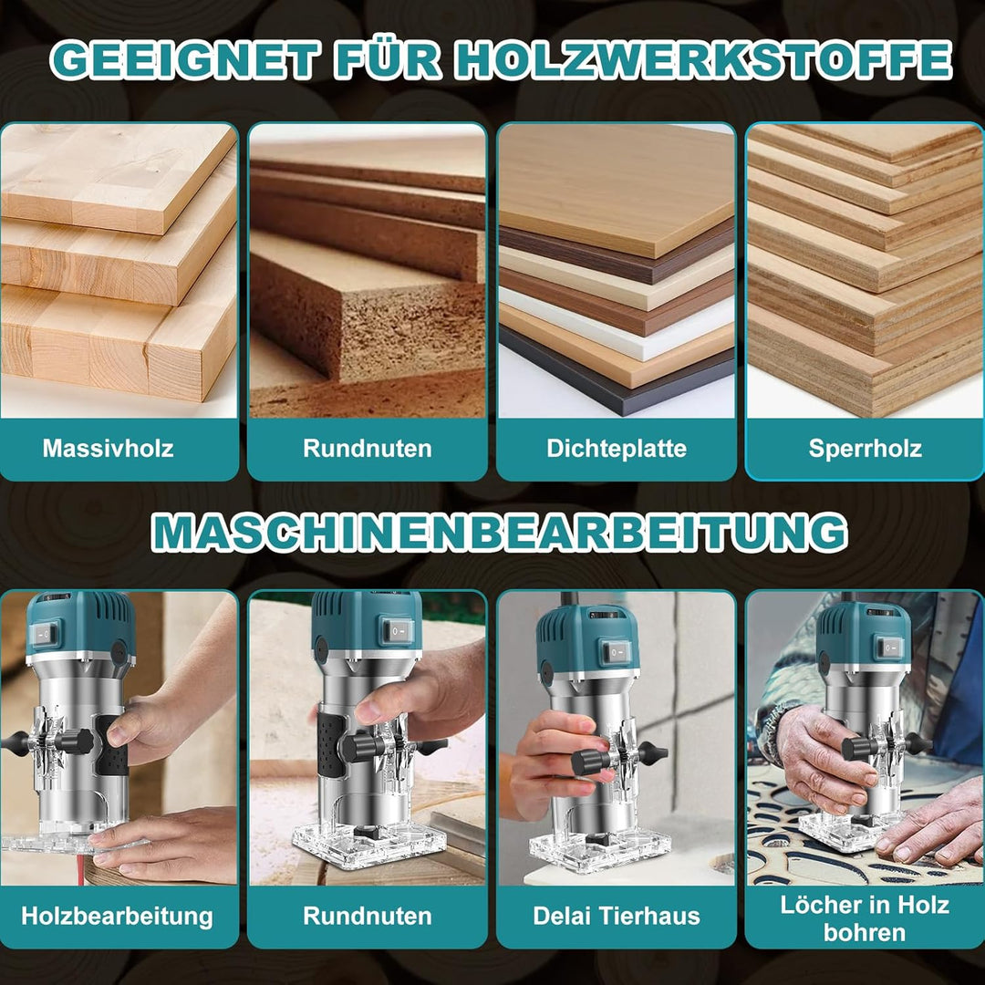 Einhandfräse 800W, 30000 U/min Holzfräse Oberfräse, 6,35mm Durchmesser, Hand Fräsmaschine mit 6 Vari