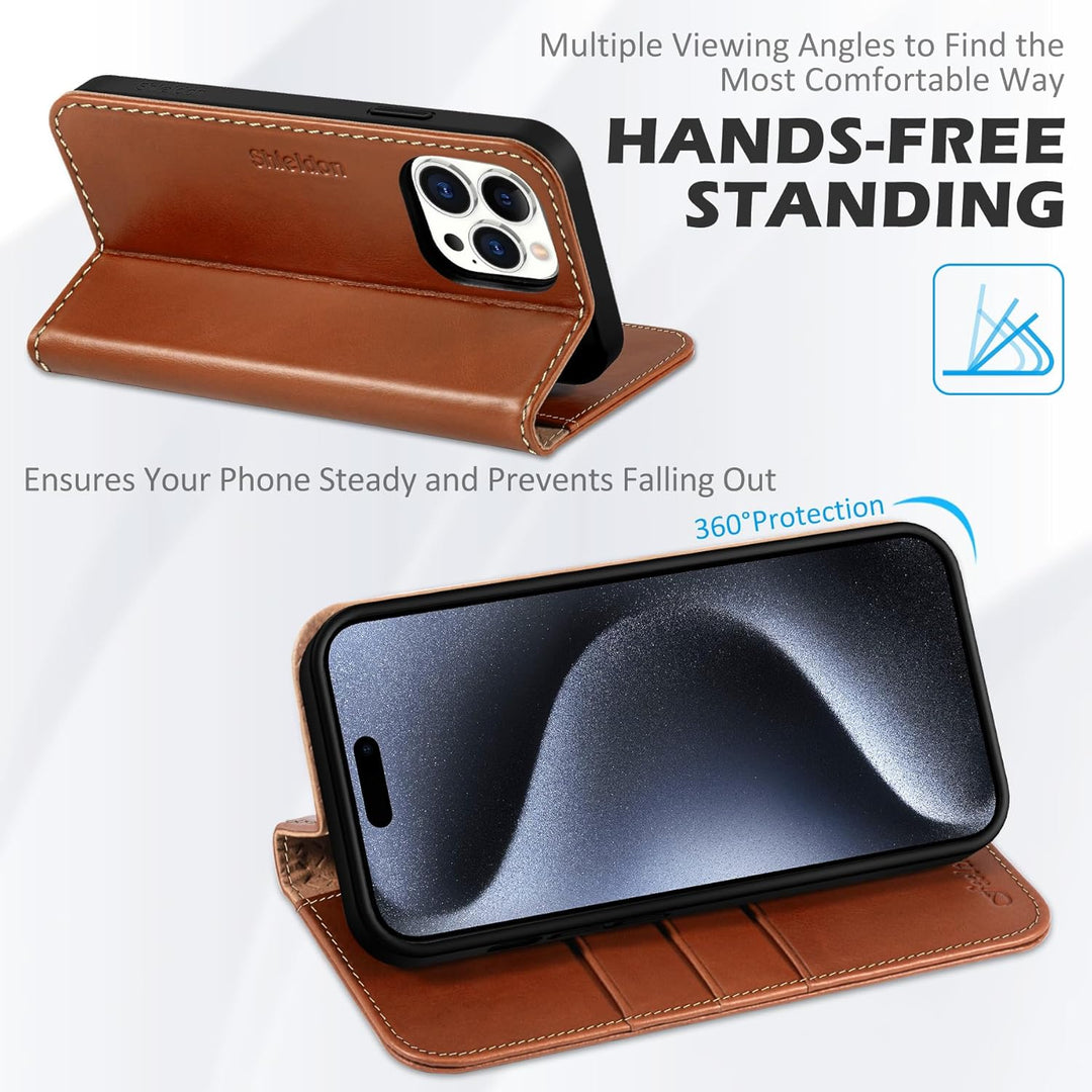 SHIELDON Hülle für iPhone 15 Pro Max, Handyhülle [Echtleder] [Kartenfach] [Magnet] [Stand] [RFID Blo