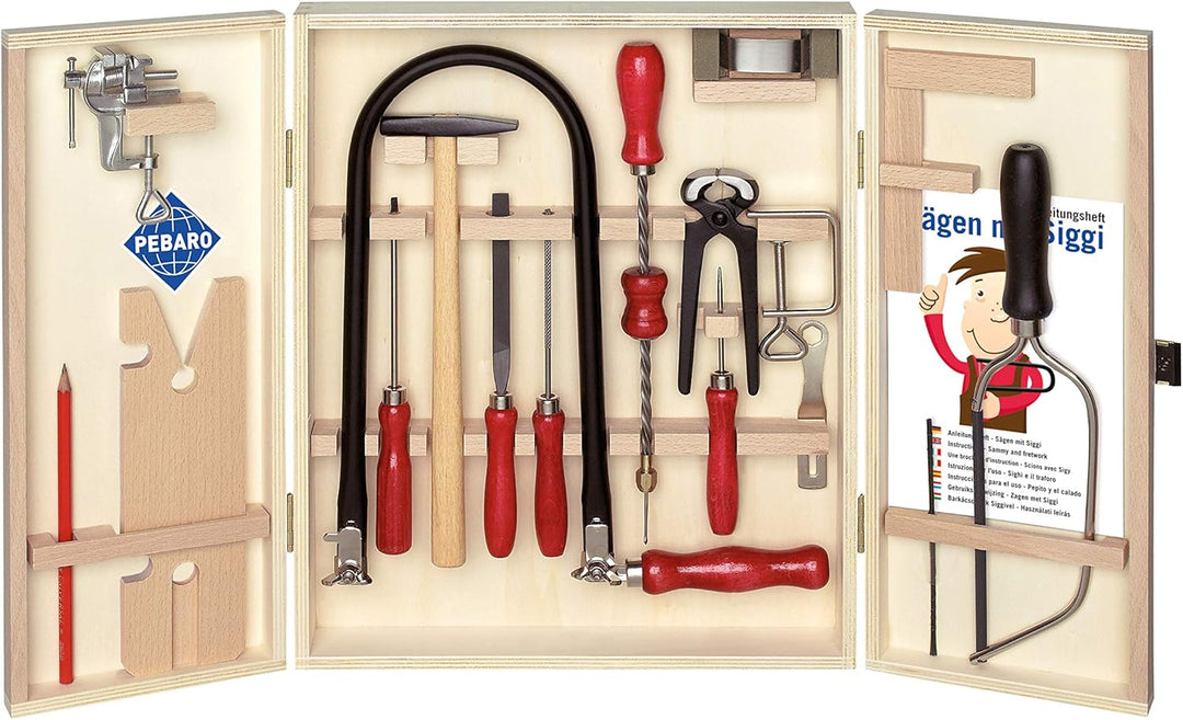Pebaro 401S Öko-Laubsägeschrank, 24 Teile, komplettes Set im Holzschrank ohne Kunststoff, Stahlwerkz