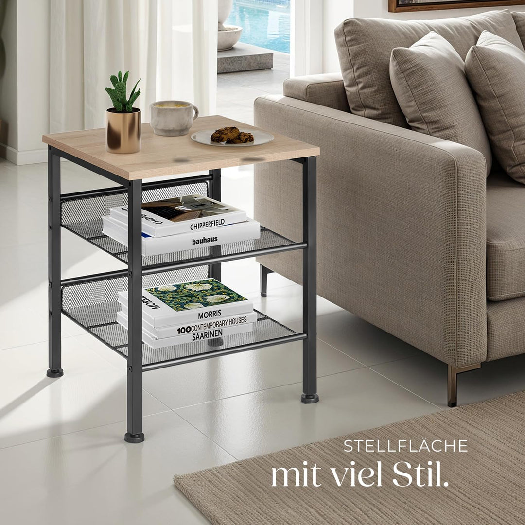 tectake Beistelltisch aus Holz und Metall, Nachttisch mit 2 Gitterablagen, Industrie-Design, für Woh