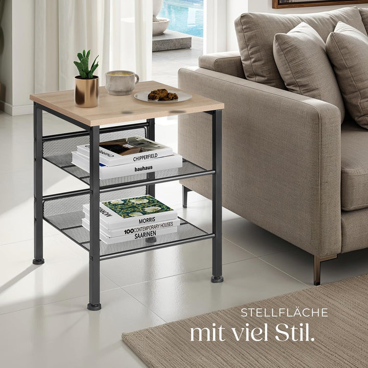 tectake Beistelltisch aus Holz und Metall, Nachttisch mit 2 Gitterablagen, Industrie-Design, für Woh
