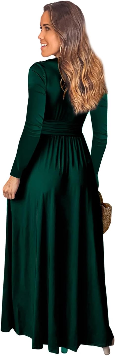 Damen Kleid 2.0 Elegant Langarm V-Ausschnit Tunika Maxikleider Casual Hohe Taille Saumschlitz Cockta