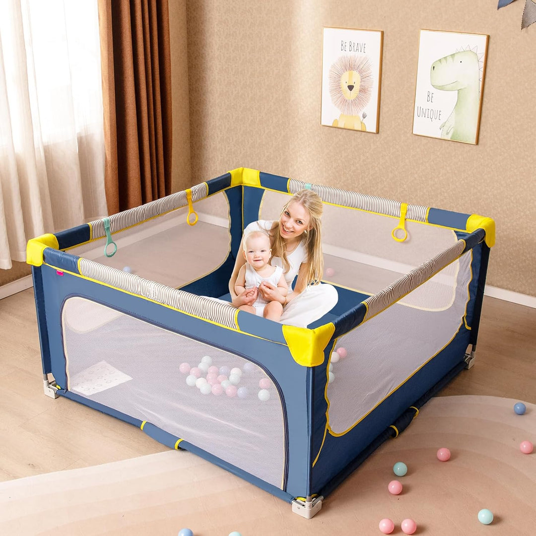 DREAMADE Laufstall Baby Faltbar, 150 x 150 x 76,5 cm Laufgitter mit 50 Ozeanbällen, 4 Haltegriffen &amp;