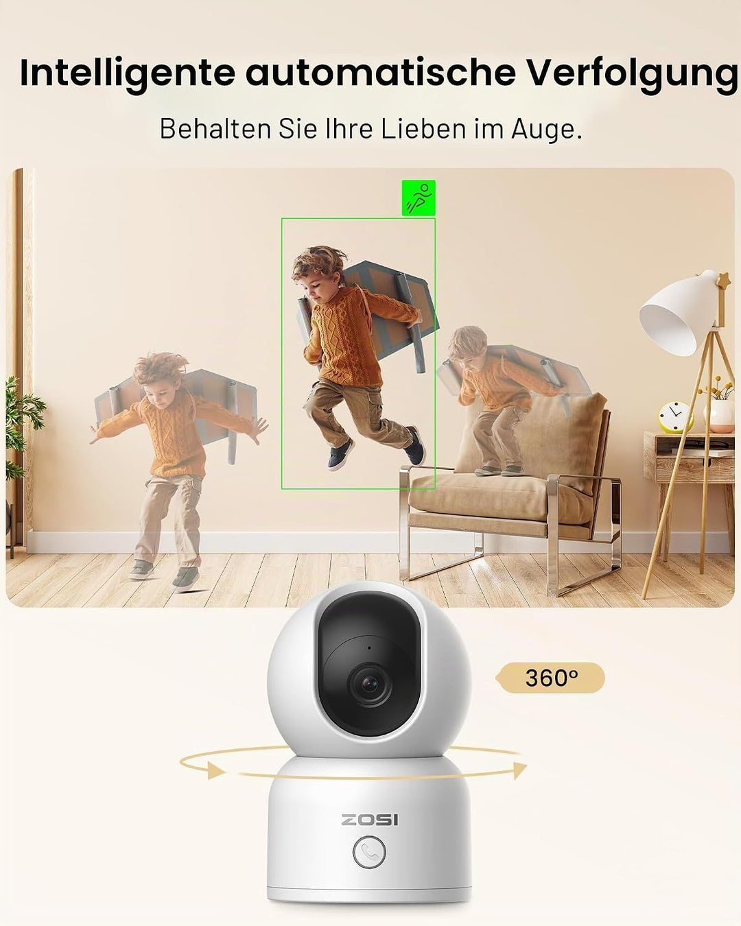ZOSI 1080P WLAN Überwachungskamera Innen, 360° Schwenkbar IP Kamera Indoor mit EIN-Touch-Call für Ha