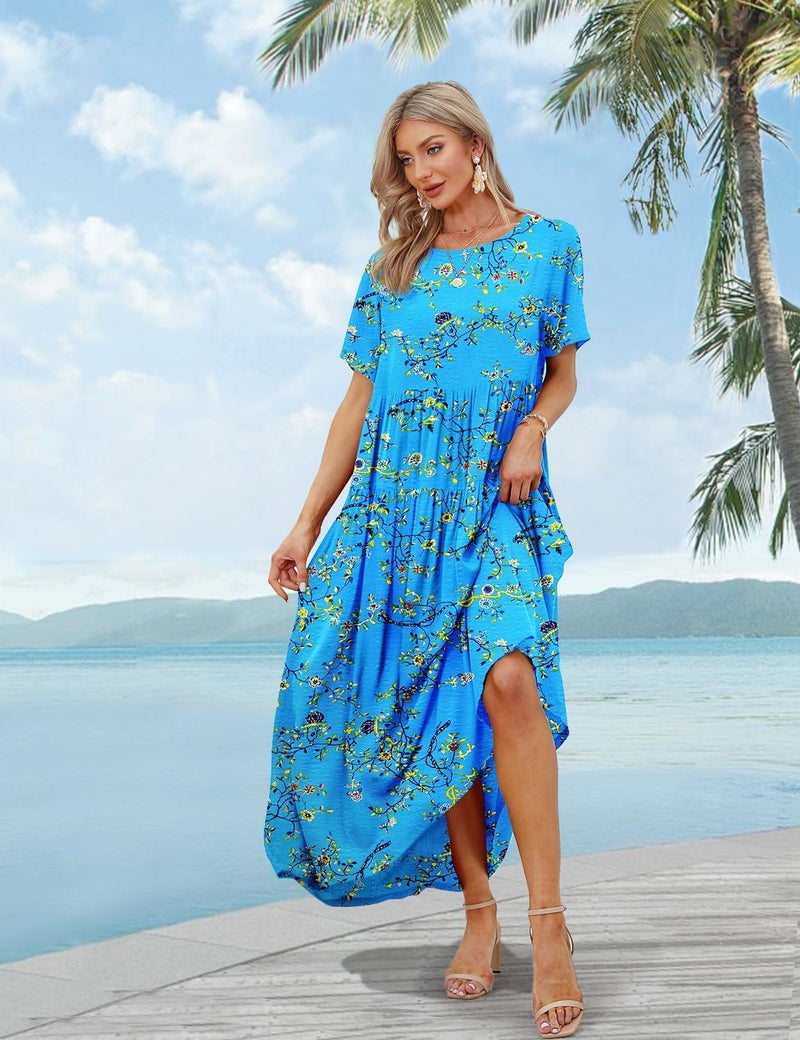 YESNO Damen Kleider Freizeit Lose Sommerkleid Lang Boho Maxikleid für Rundhals Strandkleid Blumenkle