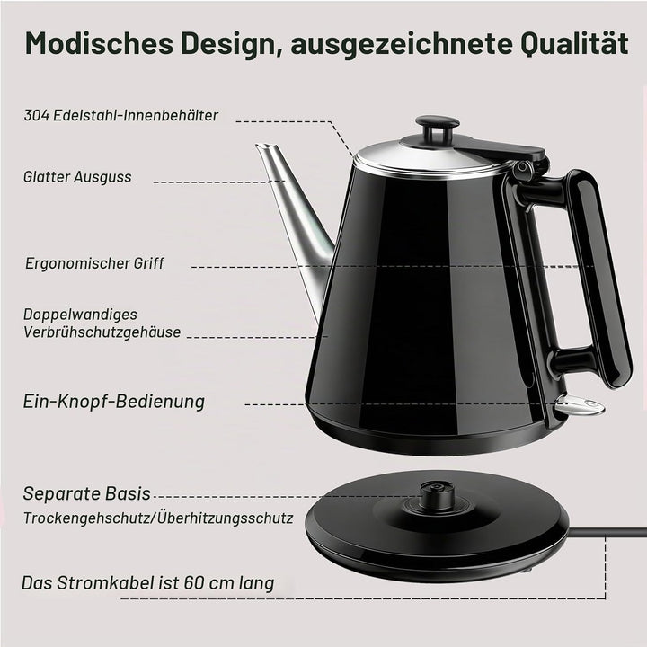 Wasserkocher 0,9 L – Kleiner Elektrischer Teekessel (1360 W) mit Edelstahl 304 Innenbehälter für Zuh