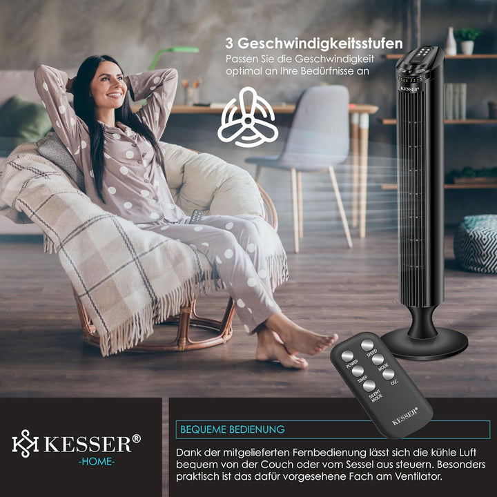 KESSER® Turmventilator mit Fernbedienung | 90° Oszillationswinkel | 3 Stufen | 90 cm |+ Timerfunktio