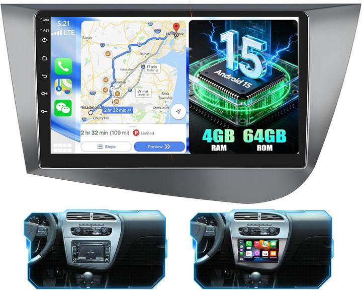 4+64GB Android 15 Autoradio für Seat Leon 2005-2012 Wireless Carplay Android Auto, 9 Zoll Touchscree