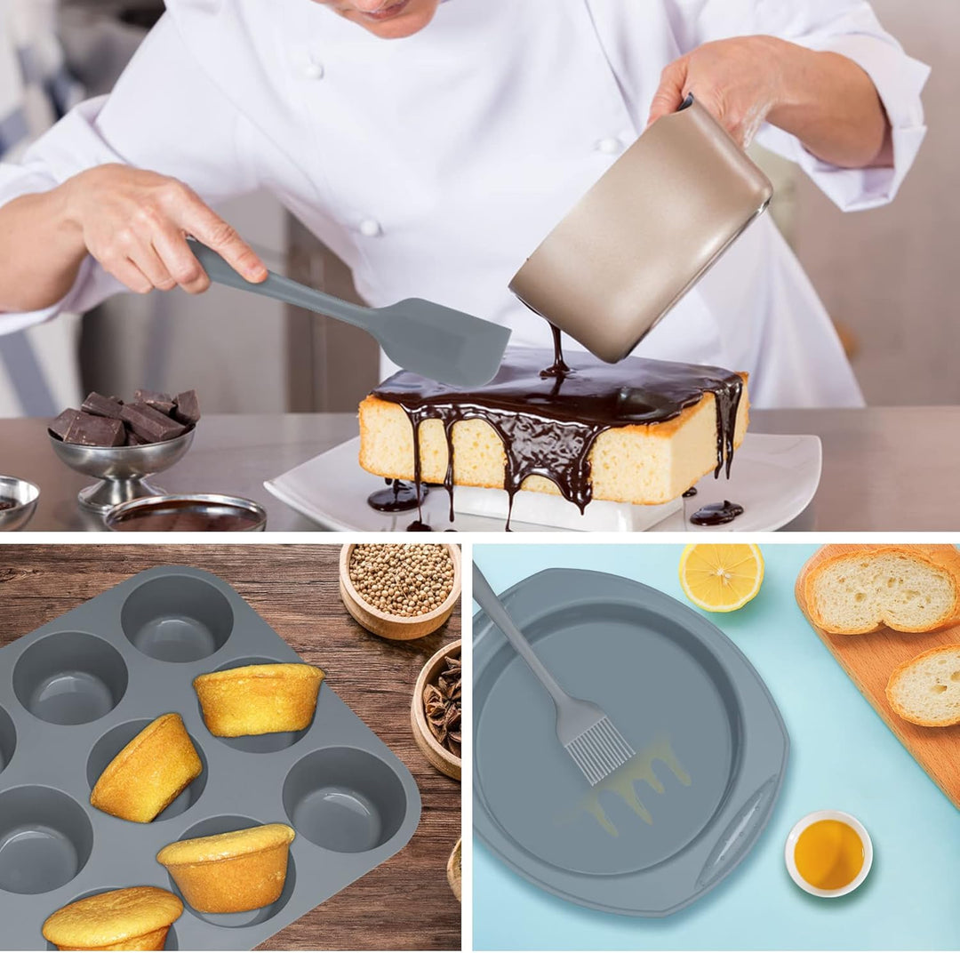 Aschef 12x Antihaft Silikon Backformen Brotbackform Kuchenform Muffinform mit Teigschaber Backpinsel