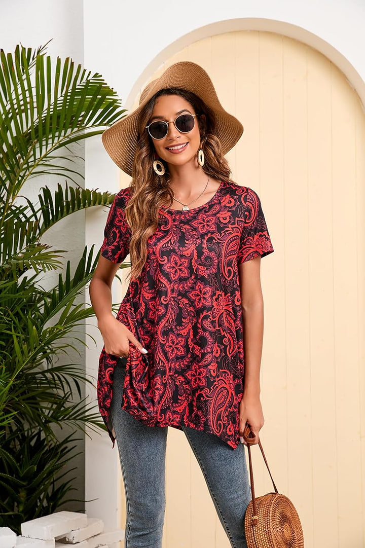 Enmain Damen Tunika Shirt Langarm/Kurzarm Longshirt Paisley Blumen 3/4 ärmel Locker Tops Sitzende Ob