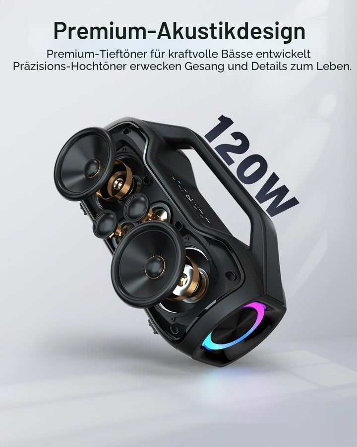 Bluetooth Lautsprecher Tragbare Musikbox, 200W Spitzenleistung, Bass Boost 2 * Subwoofer IP65 Wasser