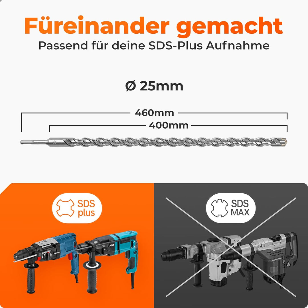 BAUBECK SDS Plus Bohrer 25mm x 460mm lang für Beton & Stein - Premium 40CR Stahl, langlebig - 4 Schn