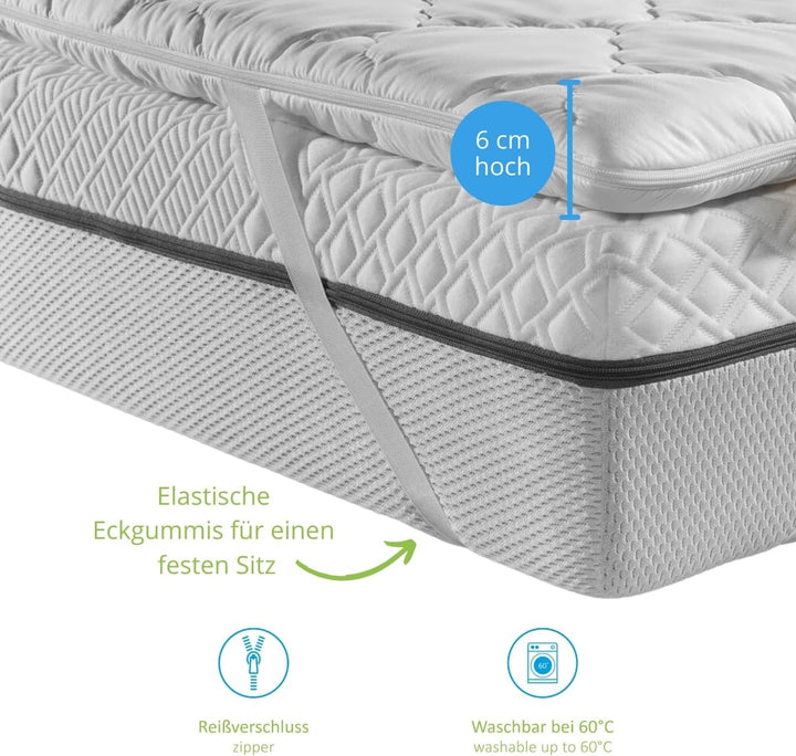 Bodyprotect Matratzenauflage Topper Viscoschaum 140 x 200 x 6 cm, waschbar bis 60 Grad, weiss, Visco