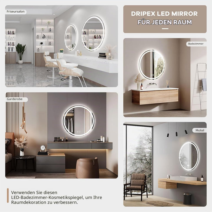 Dripex Badspiegel mit Beleuchtung Rund Led Spiegel mit Bluetooth-Lautsprecher und Touch-Schalter, Di