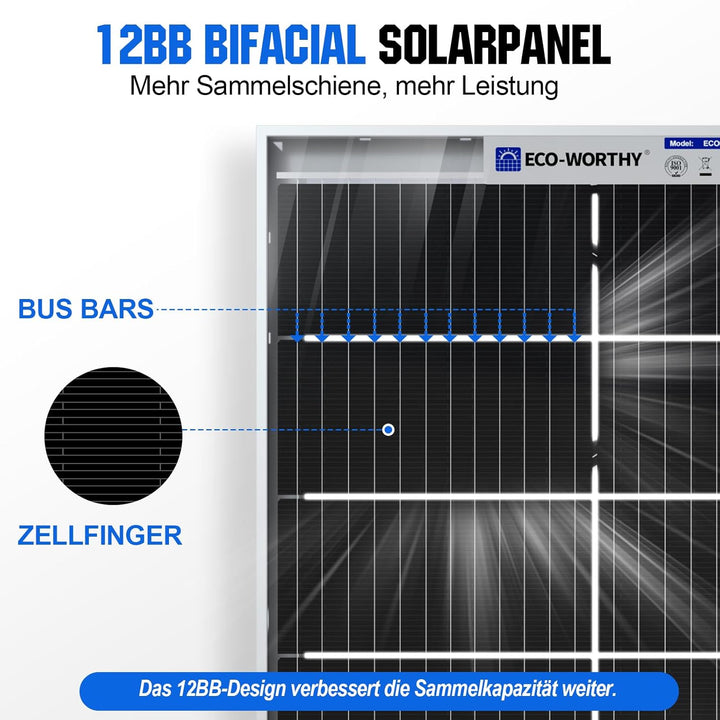 ECO-WORTHY 195W Bifacial Solarpanel 18V, Monokristallin Solarmodul für 12V Batterien, Photovoltaik,