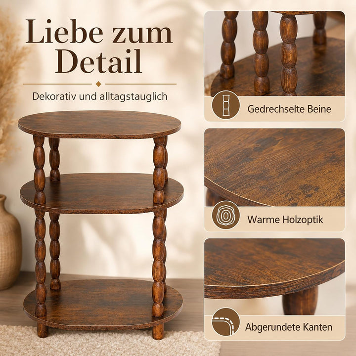 Beistelltisch 3 Ebenen, Oval, Klein, Vintage, Rustikales Braun