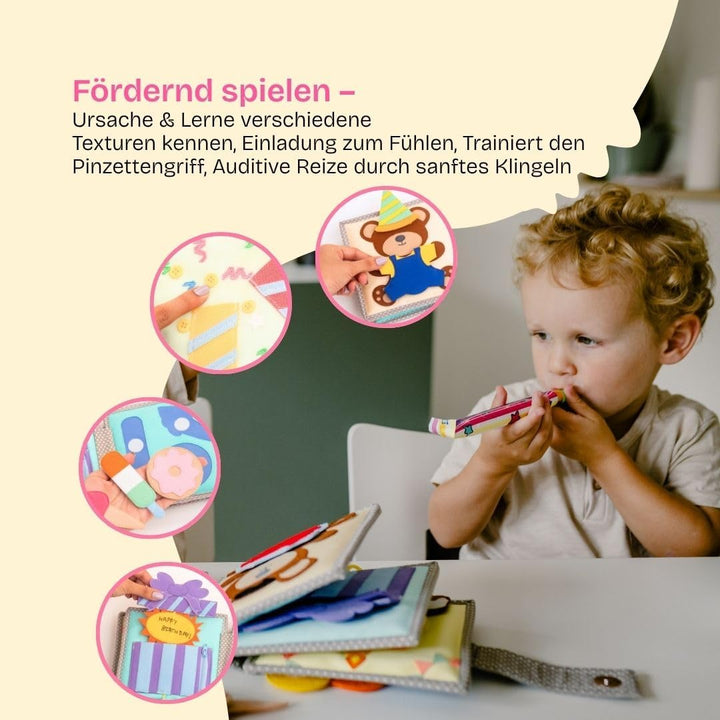 Jolly Designs – Happy Bearsday - 6 Seiten Mini Quiet Book – Montessori Spielzeug ab 1 Jahr – Motorik