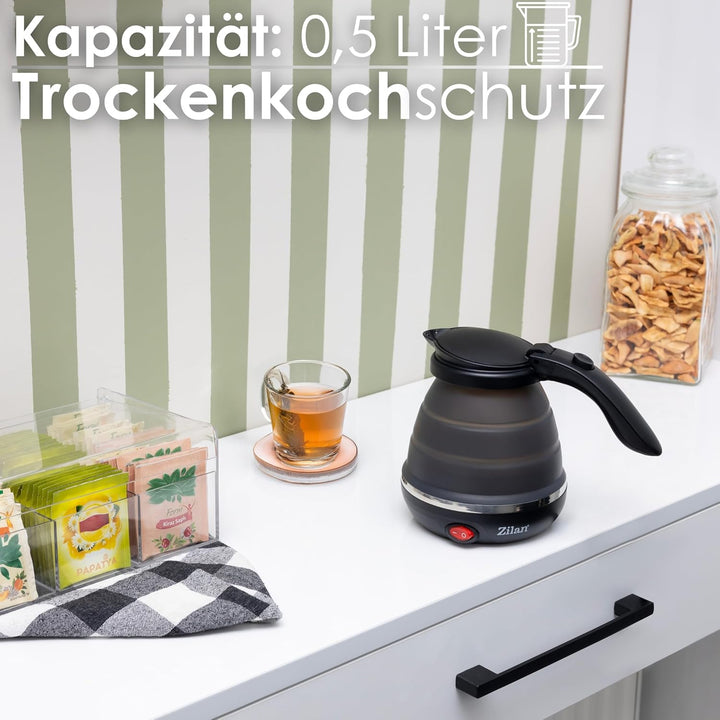Faltbarer Mini-Wasserkocher für Reise und Camping - Klein, Kompakt, Tragbar - 0,5 Liter, 750 Watt