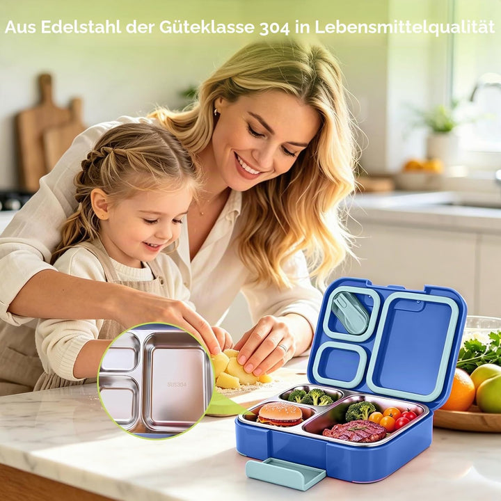 Brotdose mit 3 Fächern, 1100ml Edelstahl-Lunchbox für Kinder und Erwachsene Auslaufsicherer Lebensmi