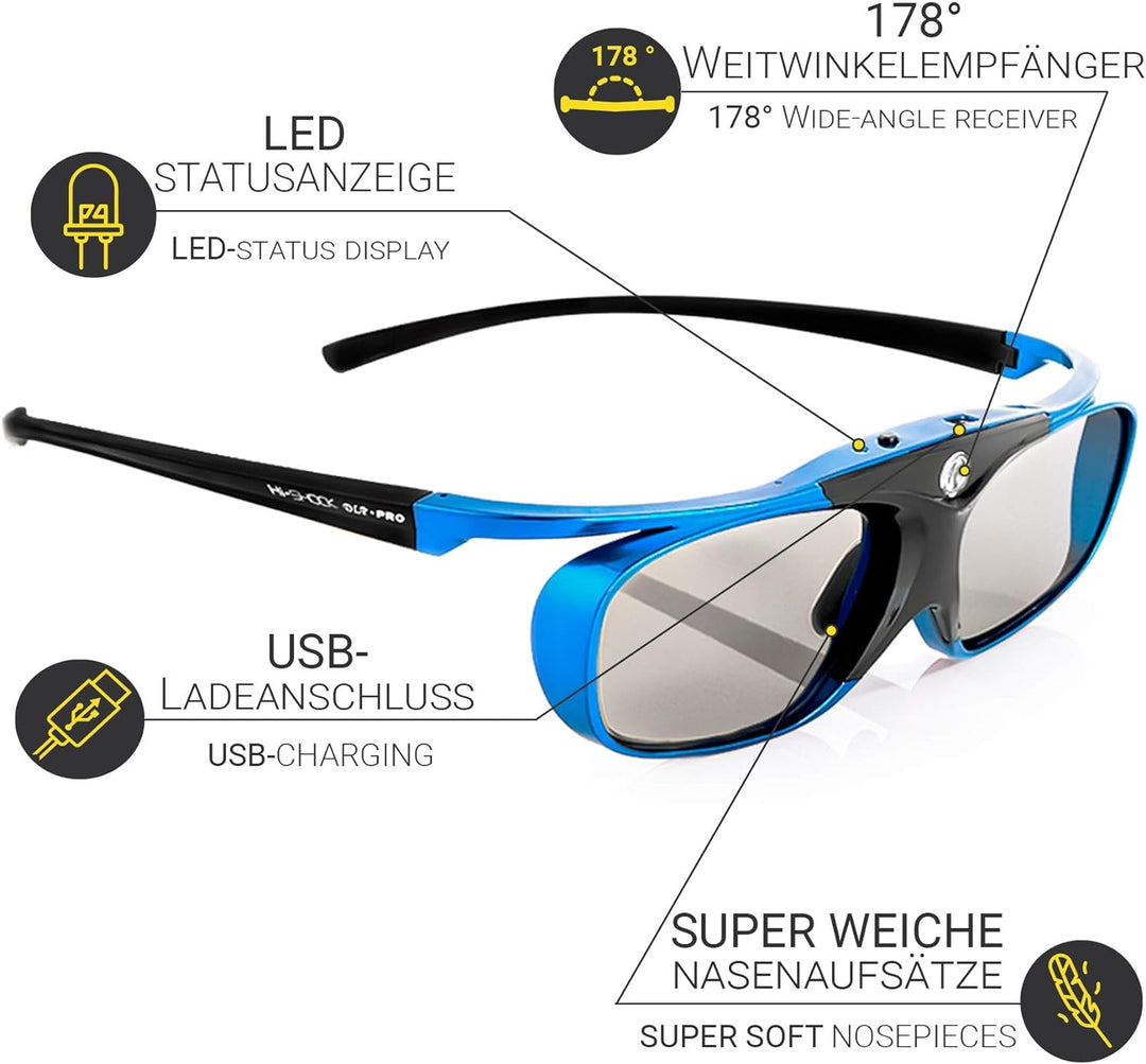 Hi-SHOCK DLP Pro Blue Heaven | DLP Link 3D Brille für 3D DLP Beamer von Acer, BenQ, Largo, Optoma, V