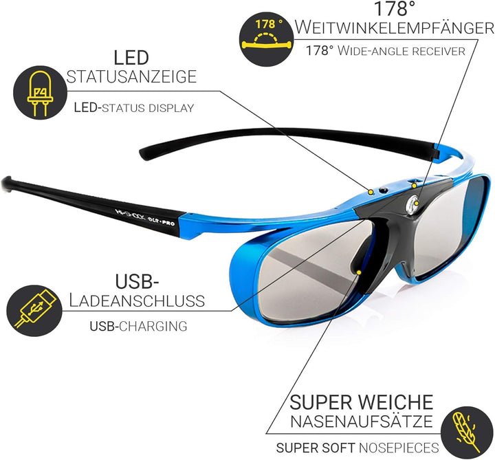 Hi-Shock DLP Pro Blue Heaven | DLP Link 3D Brille kompatibel mit 3D DLP Beamer von Acer, BenQ, Optom